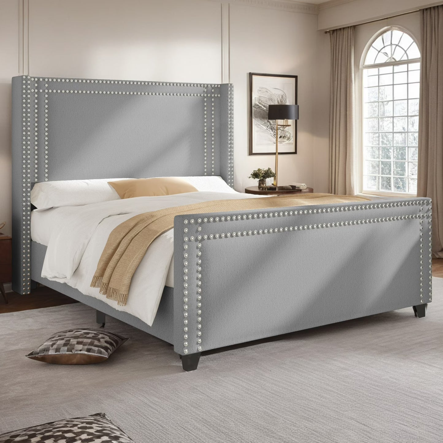 VanAcc Bed Frame, Chenille Upholstered Platform Bed with Wingback Headboard & Footboard, Double-row Nailhead Design