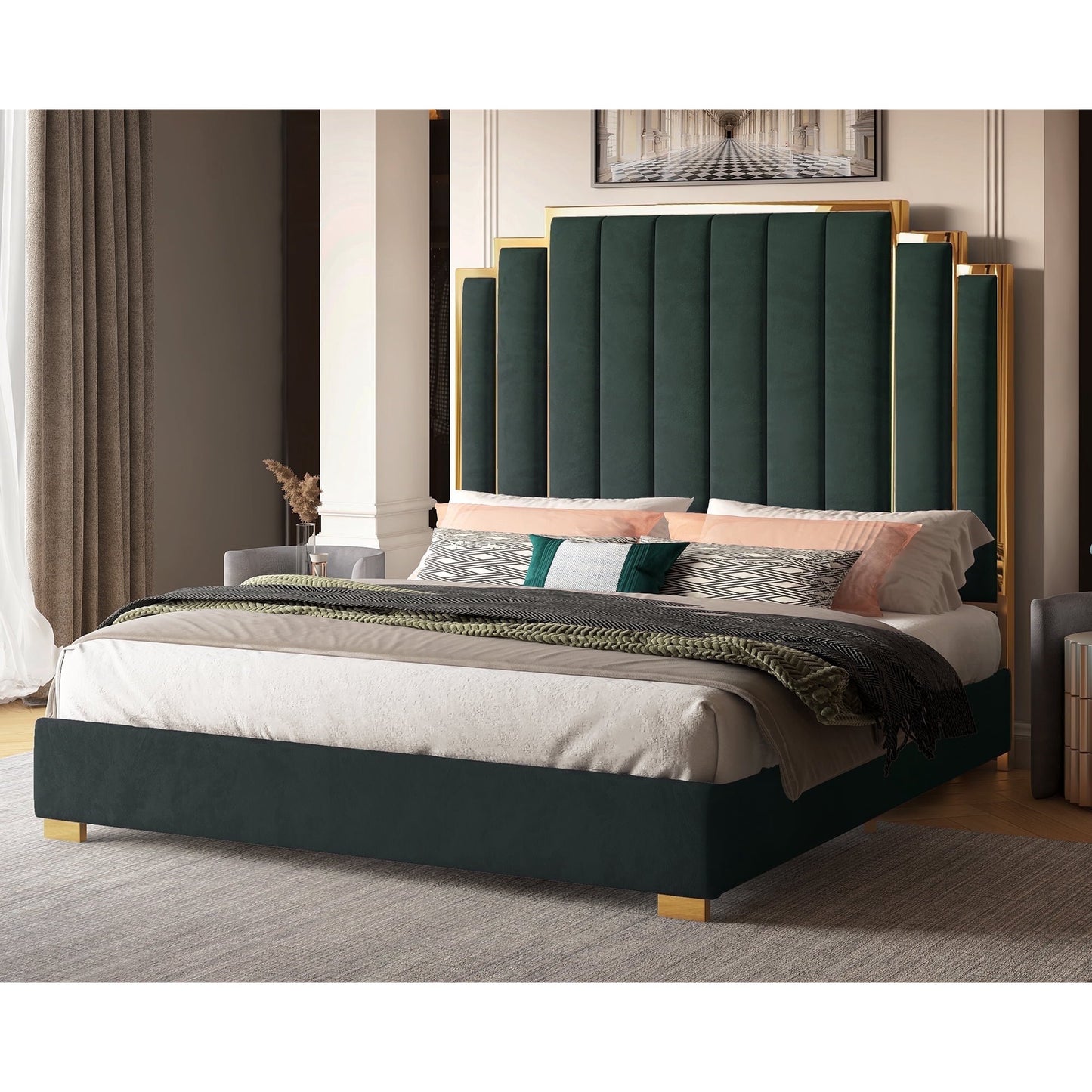VANACC Platform Bed Frame, 61.4" Velvet Upholstered Bed: with Gold Trim Headboard/Wooden Slats/No Box Spring Needed