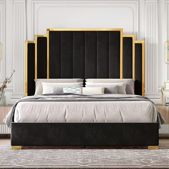VANACC Platform Bed Frame, 61.4" Velvet Upholstered Bed: with Gold Trim Headboard/Wooden Slats/No Box Spring Needed