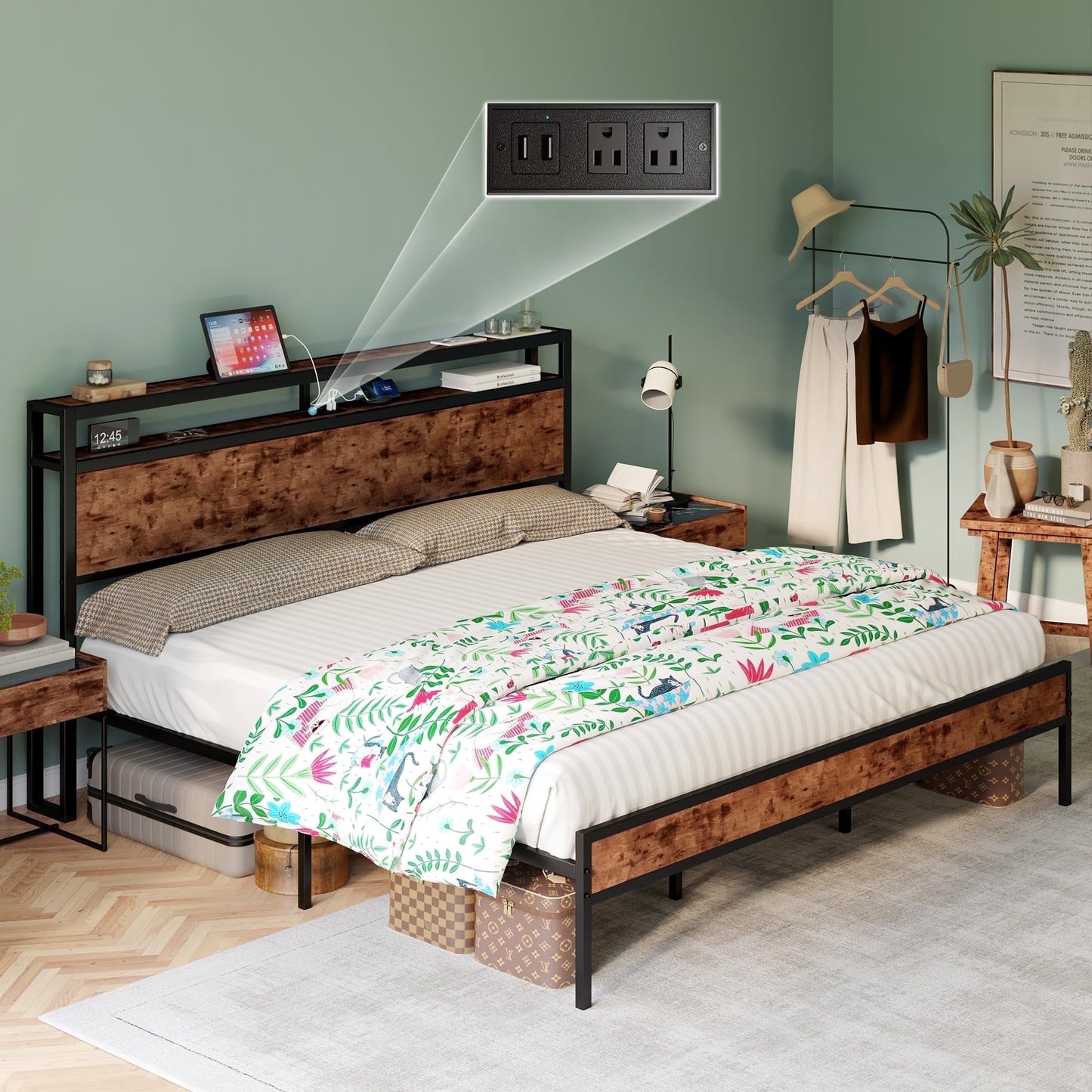 VanAcc Metal Bed Frame with 2-Tier Storage Headboard and Charging Station