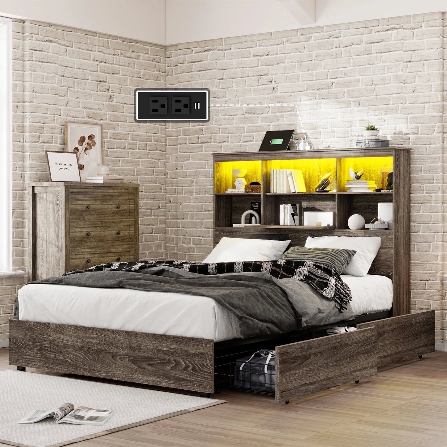 VANACC Bed Frame with LED Bookcase Headboard, Wooden Storage Bed with Charging Station & 4 Drawers