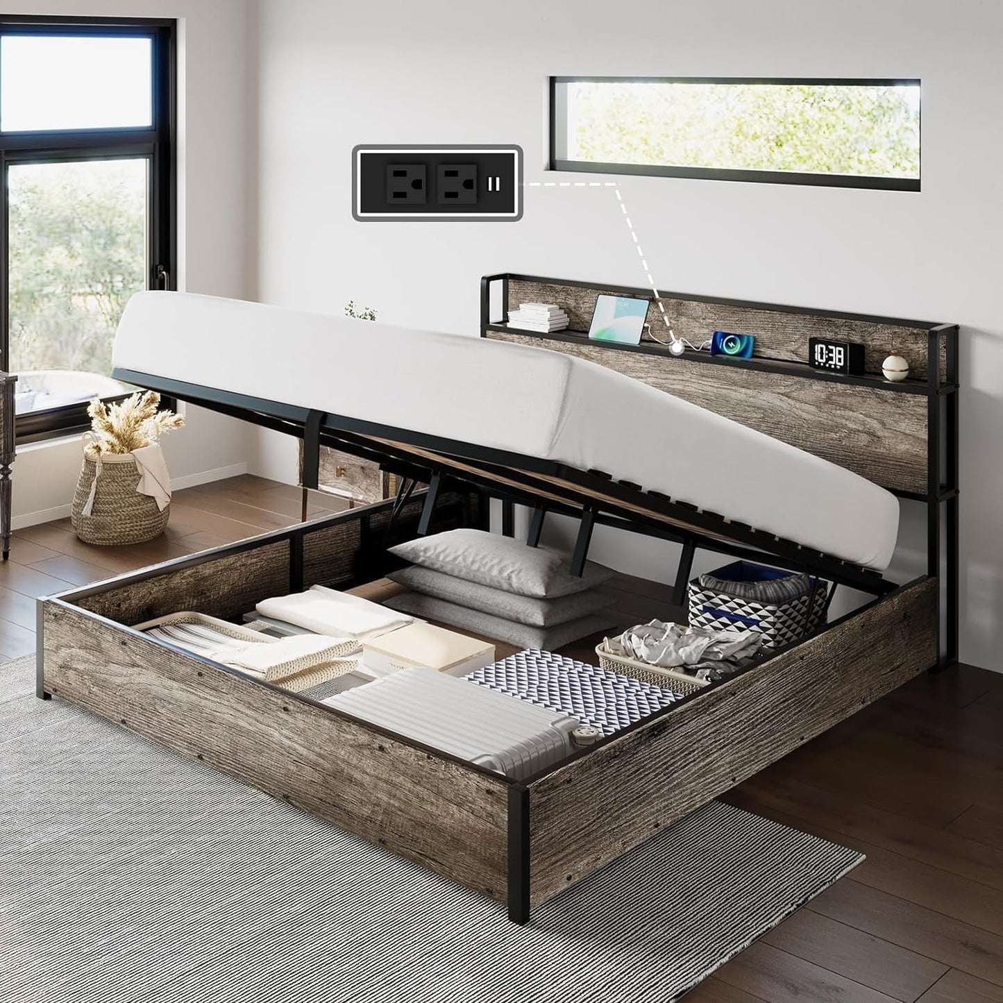 VANACC Lift Up Storage Bed, Storage Headboard & Charging Station