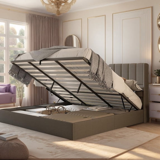 VanAcc Lift up Storage Bed Frame, Linen Upholstered Platform with Vertical Channel Tufted Headboard and Wingback