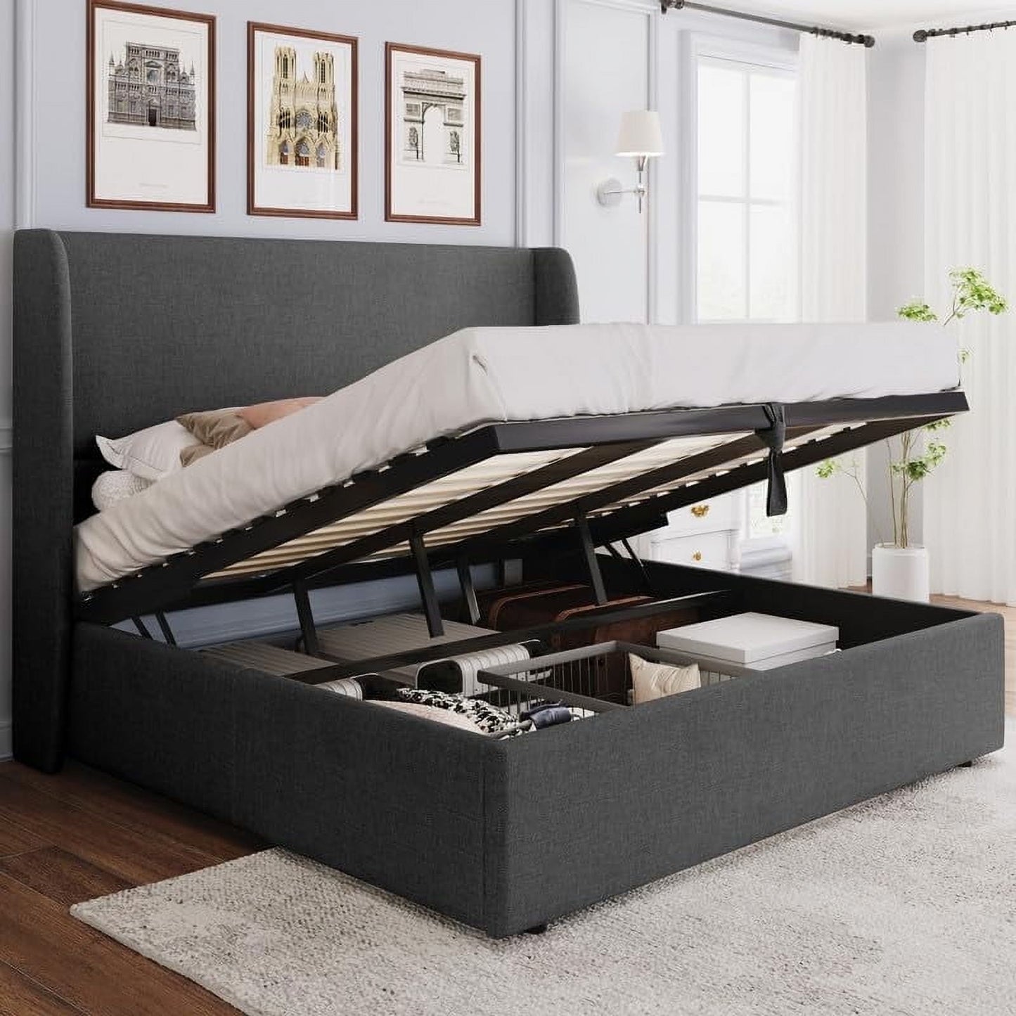 VanAcc Lift up Storage Bed, Upholstered Platform Bed Frame, Modern Wingback Headboard, No Box Spring Needed