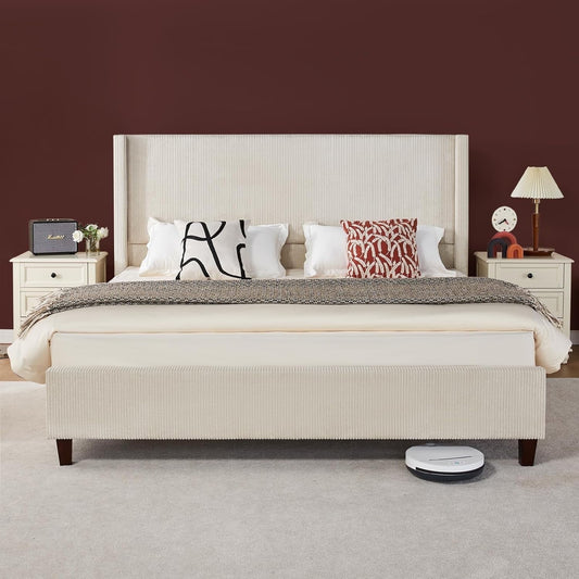 VanAcc Platform Bed Frame, 50.8" Corduroy Upholstered Bed with Vertical Channel Tufted Headboard/Wooden Slats/Wingback
