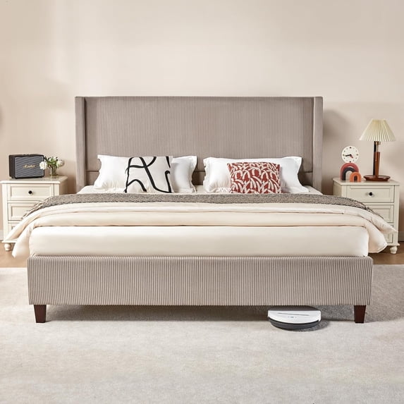VanAcc Platform Bed Frame, 50.8" Corduroy Upholstered Bed with Vertical Channel Tufted Headboard/Wooden Slats/Wingback