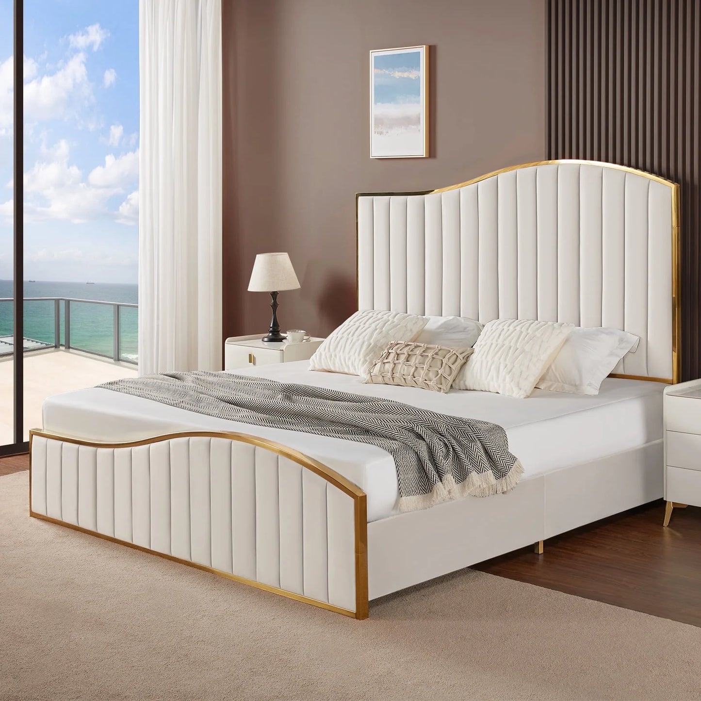VANACC Platform Bed Frame 61.4" Vertical Channel Gold Trim Headboard & Footboard
