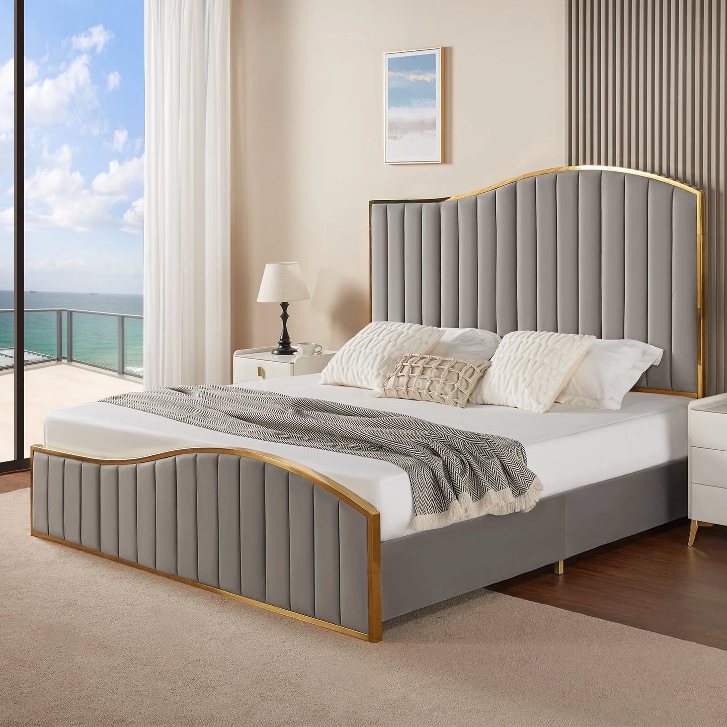 VANACC Platform Bed Frame 61.4" Vertical Channel Gold Trim Headboard & Footboard