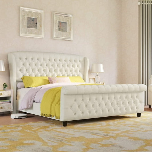 VanAcc Platform Bed Frame, Chenille Upholstered Sleigh Bed Frame