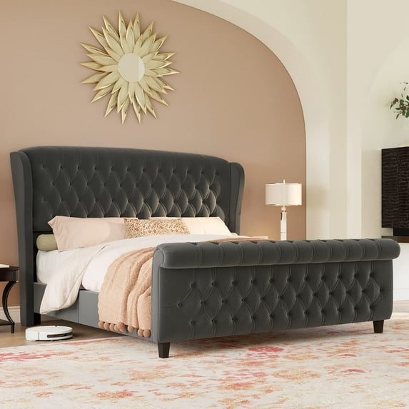 VanAcc Platform Bed Frame, Chenille Upholstered Sleigh Bed Frame