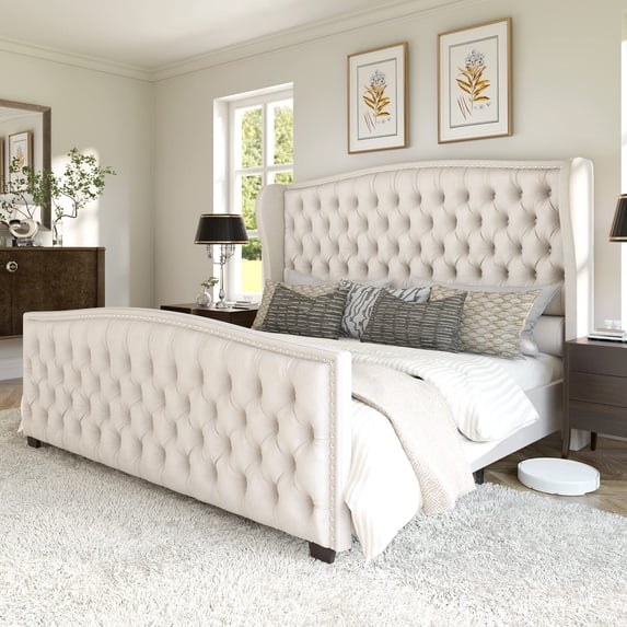 VanAcc Platform Bed Frame, Velvet Upholstered Bed with Deep Button Tufted & Nailhead Trim Wingback Headboard/No Box Spring Required