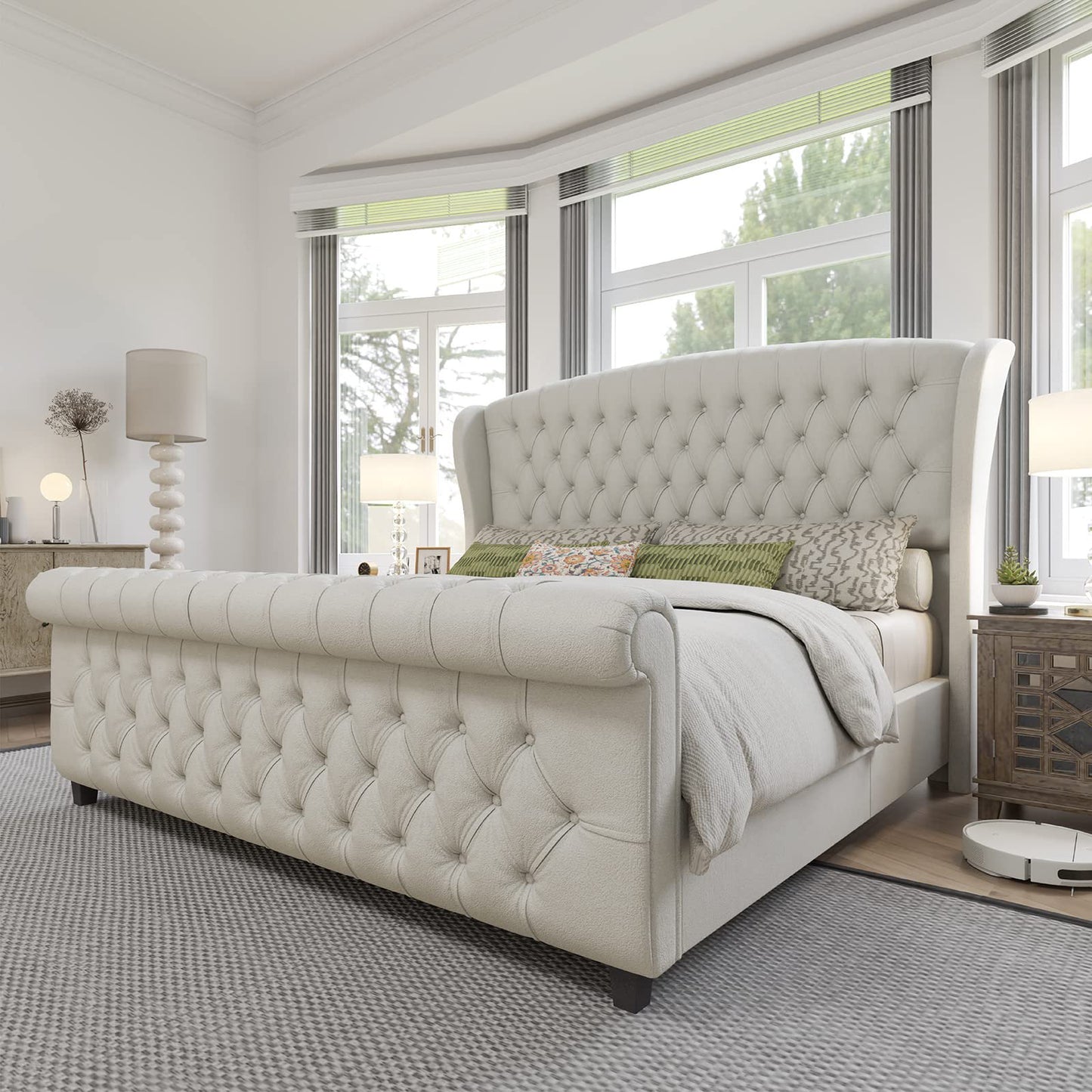 VanAcc Platform Bed Frame, Velvet Upholstered Bed with Deep Button Tufted & Nailhead Trim Wingback Headboard/No Box Spring Required