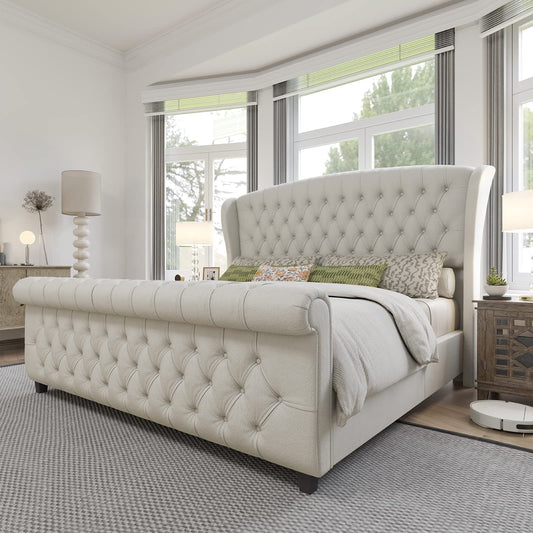 VanAcc Platform Bed Frame, Velvet Upholstered Bed with Deep Button Tufted & Nailhead Trim Wingback Headboard/No Box Spring Required