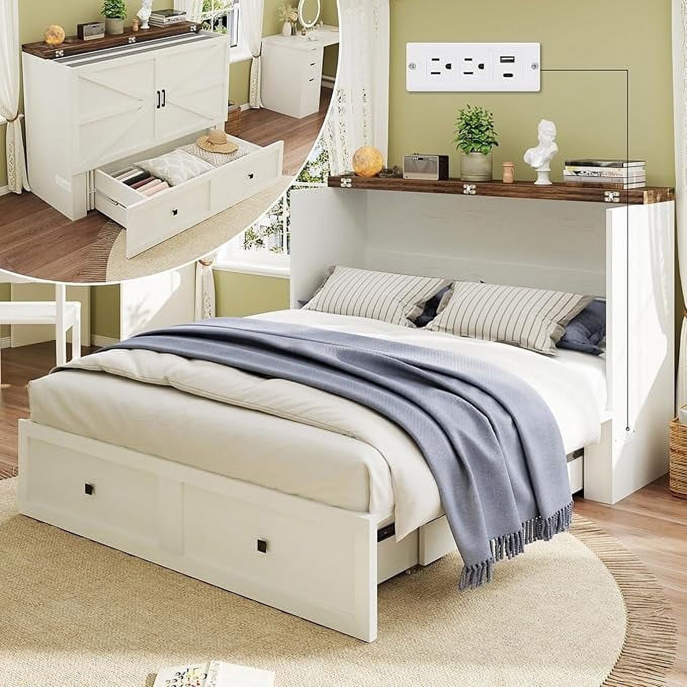 AMERLIFE Full Murphy Bed with Storage & Charging Station, Farmhouse Murphy Cabinet with Foldable Panel, Noisy Free, for Guest Bedroom, Living Room, Office, Distressed White & Barnwood