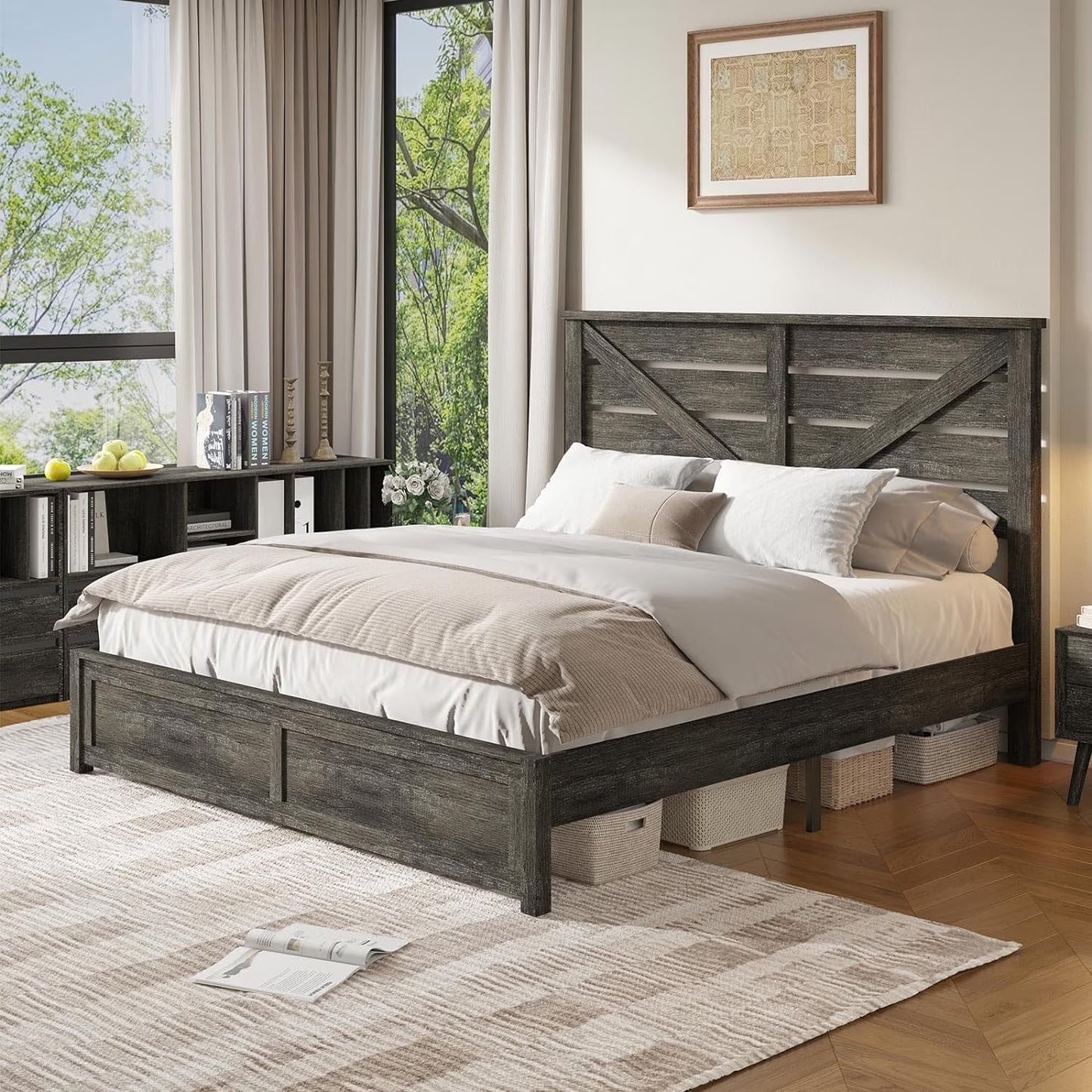 VANACC Platform Bed Frame with Wood Grain Headboard, Farmhouse Bed Frame with Storage/No Box Spring Needed/Noisy Free/Easy Assembly
