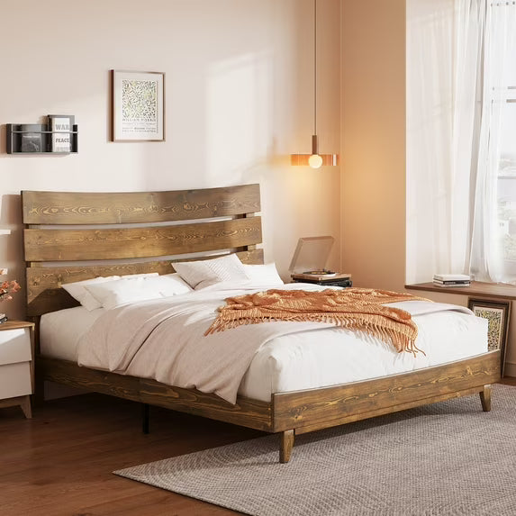 VanAcc Solid Wood Bed Frame Platform with Wooden Headboard