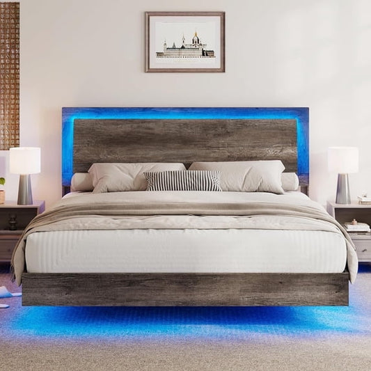 VanAcc Wood Floating Bed Frame with Headboard & LED Light, Wooden Platform Bed Frame with Slats Support, Easy Assembly