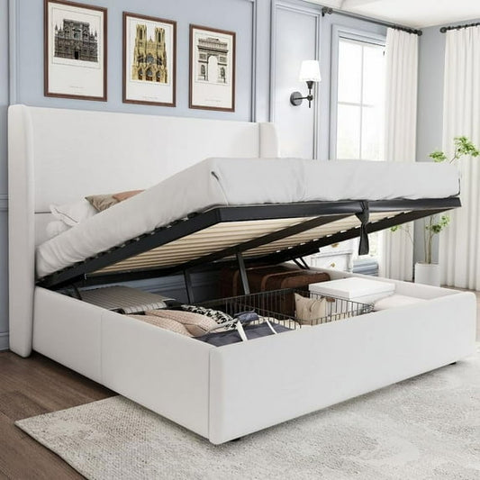 VanAcc Lift up Storage Bed Upholstered Platform Bed Frame, Modern Wingback Headboard, No Box Spring Needed