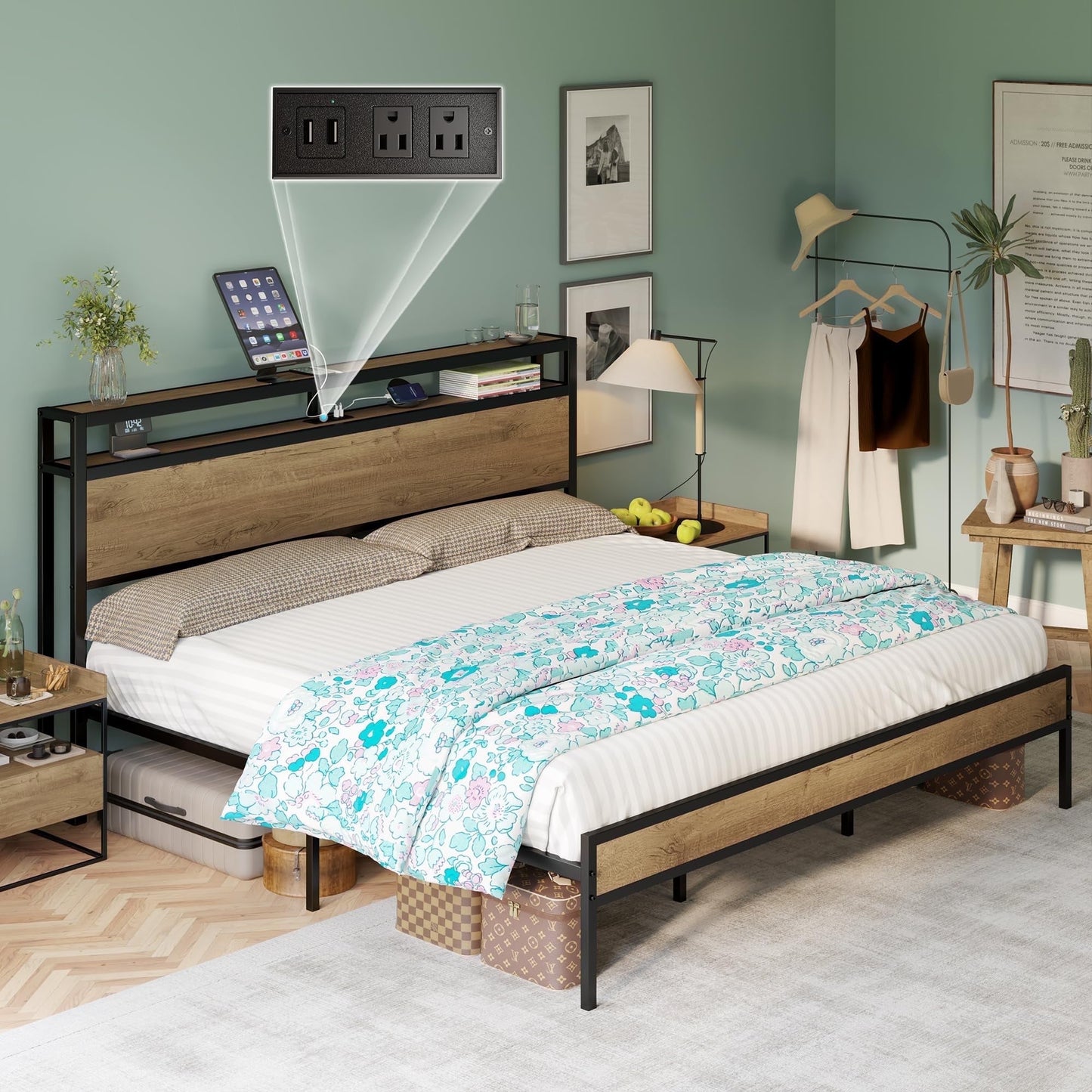 VanAcc Metal Bed Frame with 2-Tier Storage Headboard and Charging Station