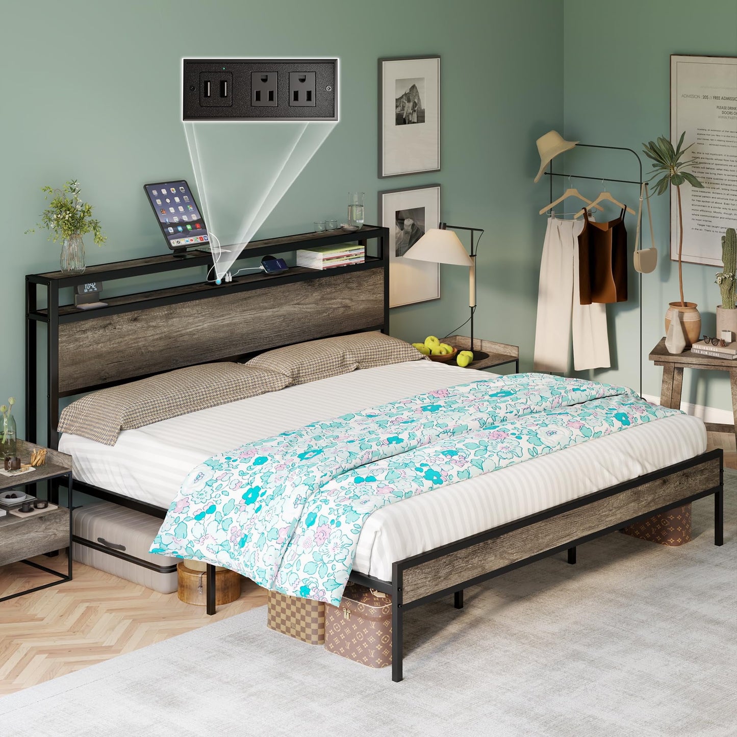 VanAcc Metal Bed Frame with 2-Tier Storage Headboard and Charging Station