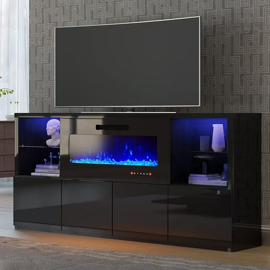 VANACC Modern High Gloss 68" Fireplace TV Stand, Media Entertainment Center with Fireplace & LED Lights for TVs up to 78", TV Console Cabinet with Adjustable Glass Shelves for Living Room
