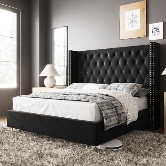 VanAcc Bed Frame Upholstered Bed Wingback Headboard Velvet Tufted Diamond Button/No Box Spring Needed/Easy