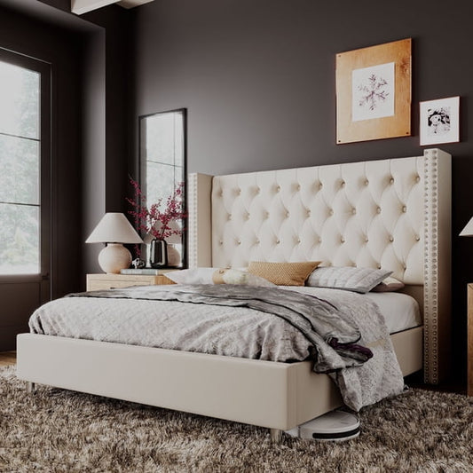 VanAcc Bed Frame Upholstered Bed Wingback Headboard Velvet Tufted Diamond Button/No Box Spring Needed/Easy Assembly