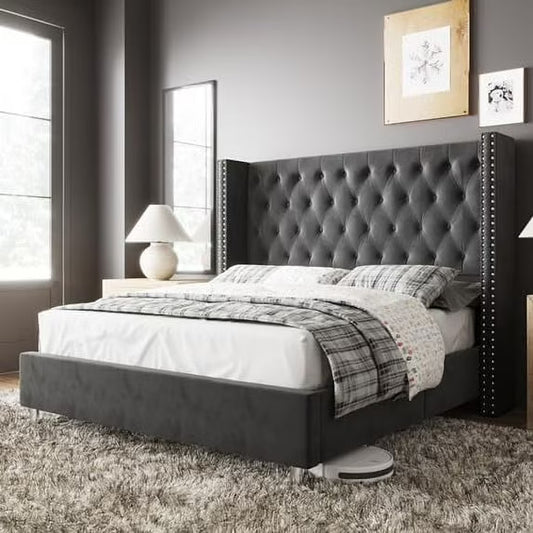 VANACC Bed Frame Upholstered Bed Wingback Headboard Velvet Tufted Diamond Button/No Box Spring Needed/Easy Assembly