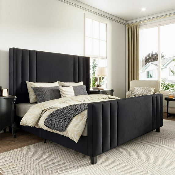 VANACC Bed Frame, Velvet Upholstered Bed with Channel Tufted Headboard