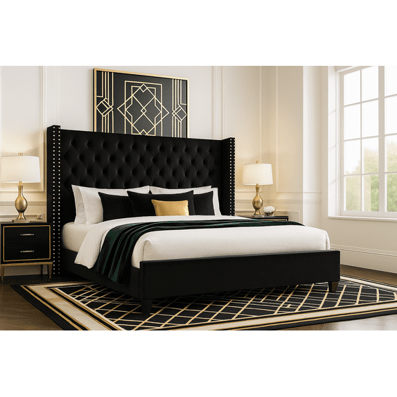 VanAcc Platform Bed Frame 61.4" Handmade Headboard Velvet Tall Upholstered Bed Deep Button Tufted/Wood Slat Support/Easy Assembly