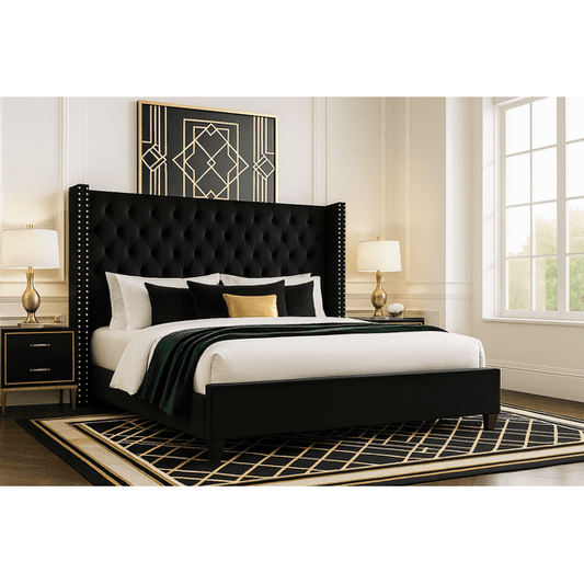 VanAcc Platform Bed Frame 61.4" Handmade Headboard Velvet Tall Upholstered Bed Deep Button Tufted/Wood Slat Support/Easy Assembly