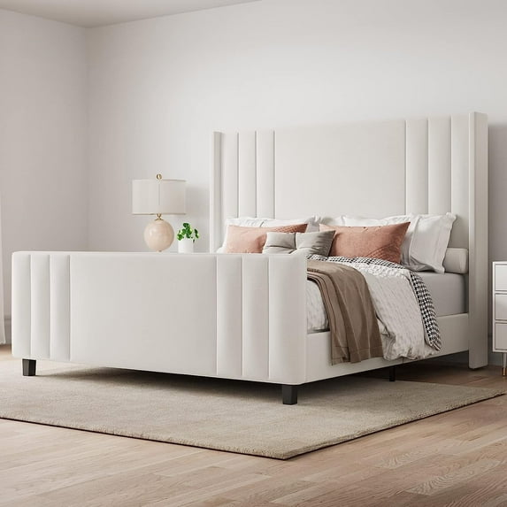 VanAcc Queen Platform Bed Frame with Vertical Channel, Cream