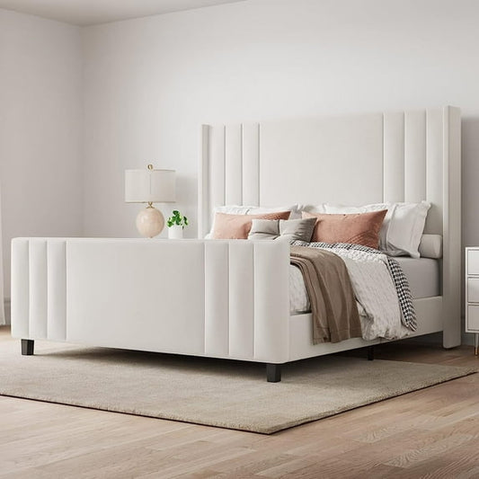 VanAcc Queen Platform Bed Frame with Vertical Channel, Cream