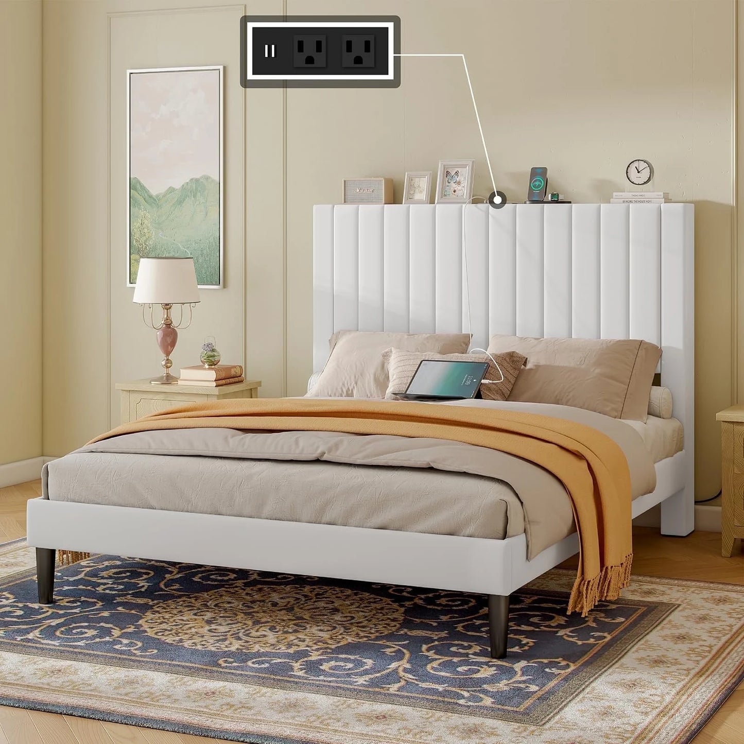 VANACC Bed Frame Velvet Upholstered Tufted Headboard with Charging Station