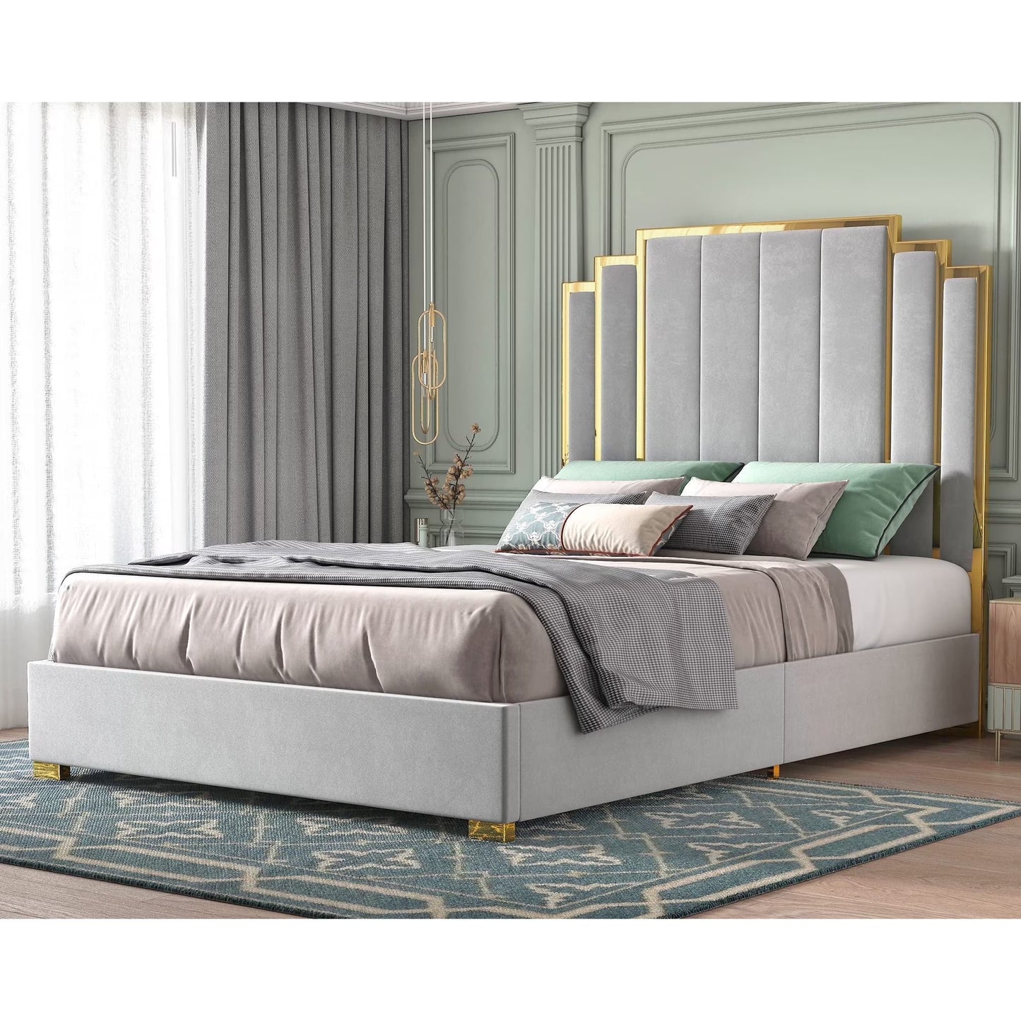 VANACC Platform Bed Frame, 61.4" Velvet Upholstered Bed: with Gold Trim Headboard/Wooden Slats/No Box Spring Needed