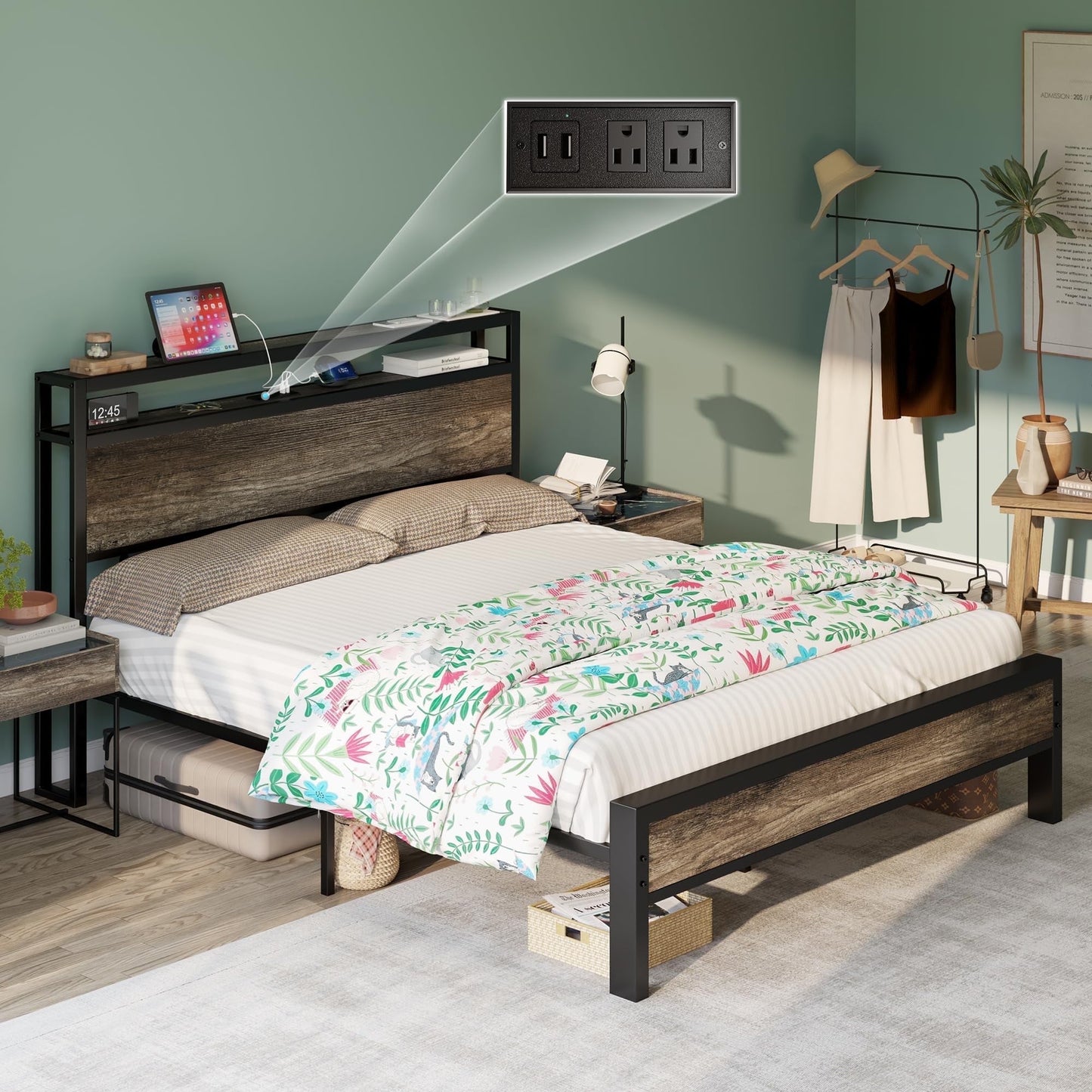 VanAcc Metal Bed Frame with 2-Tier Storage Headboard and Charging Station