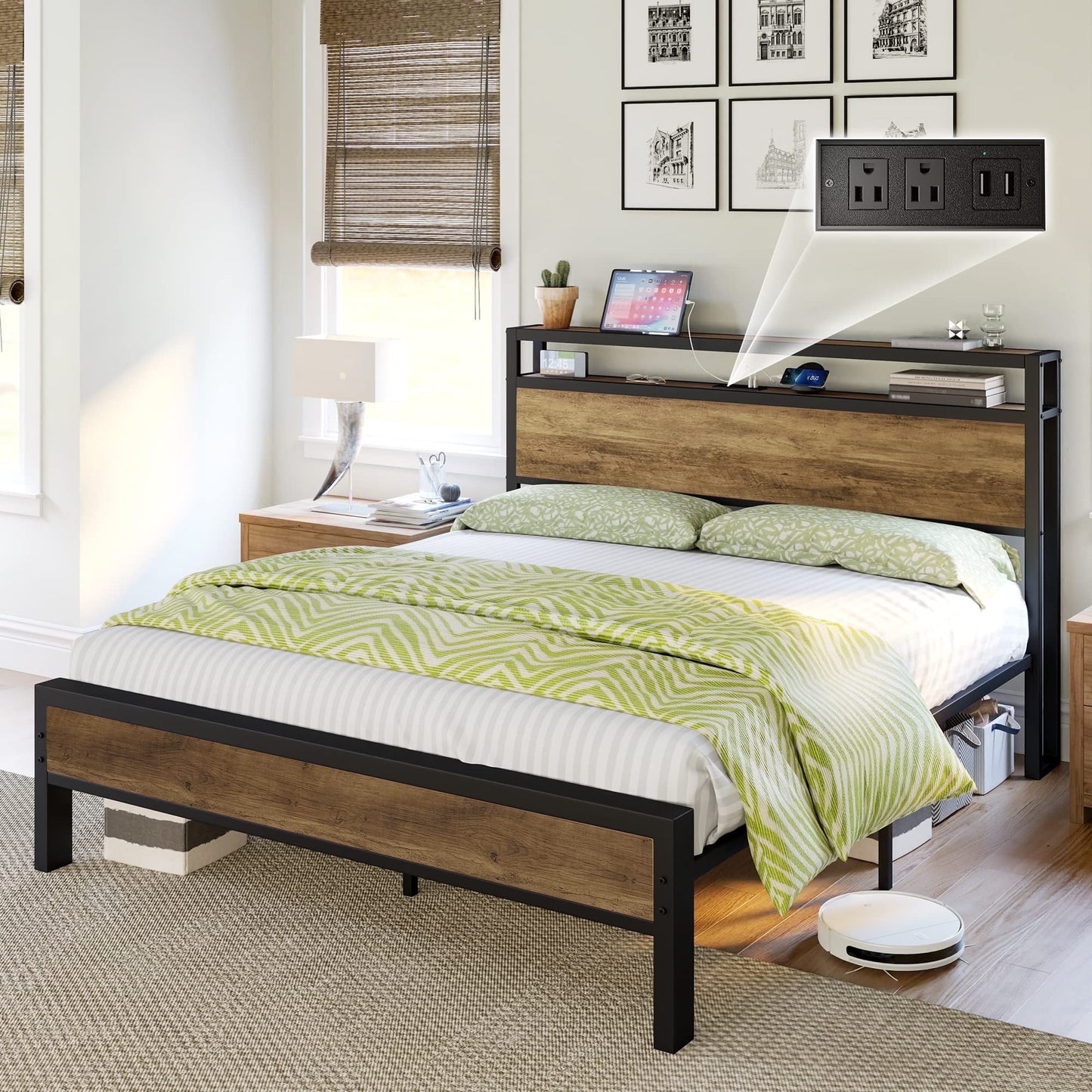 VanAcc Metal Bed Frame with 2-Tier Storage Headboard and Charging Station