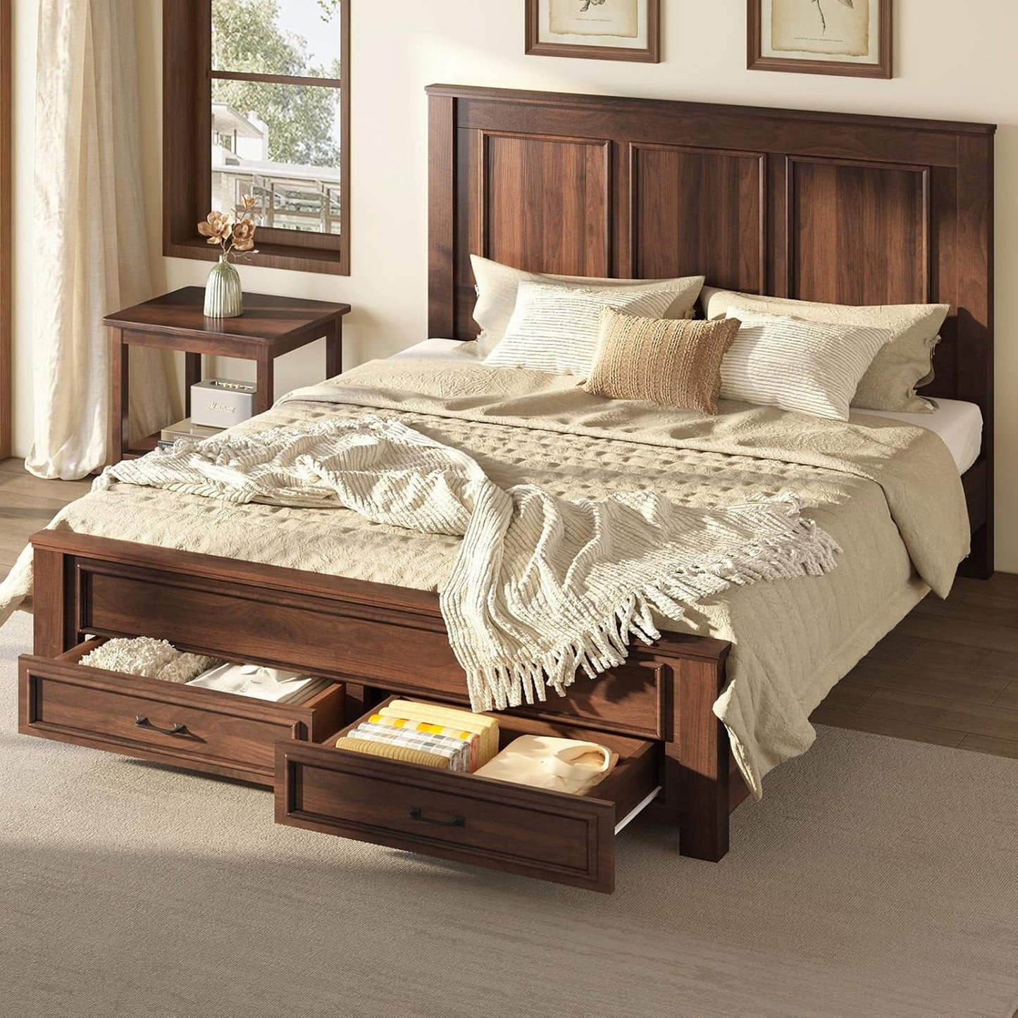 VanAcc Farmhouse Bed Frame with 52.2" Wood Headboard & Storage Drawers