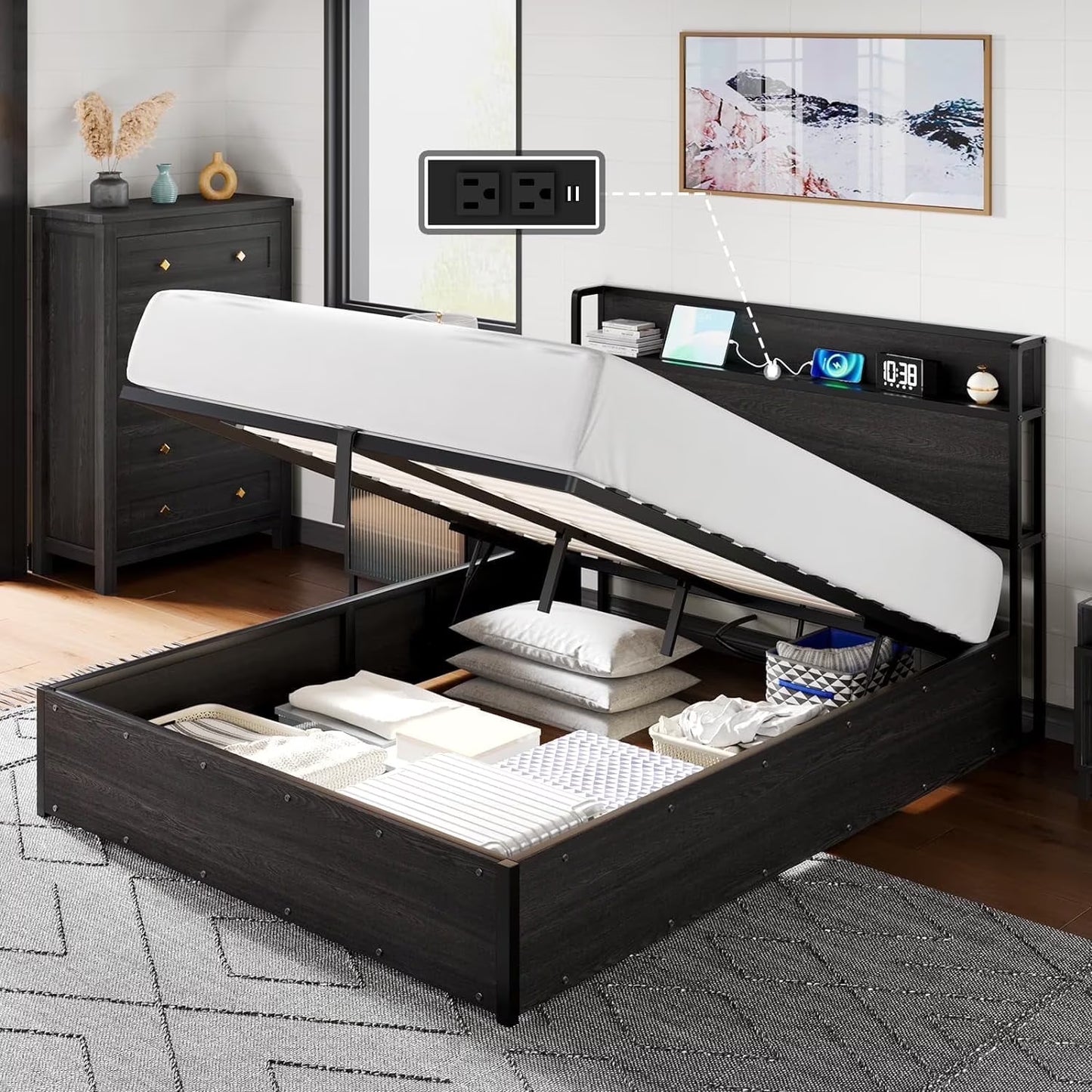 VANACC Lift Up Storage Bed, Storage Headboard & Charging Station