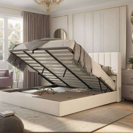 VanAcc Queen Size Lift up Storage Bed, Linen Upholstered Platform Bed with Vertical Channel Tufted Headboard and Wingback, Wood Slats Support, White