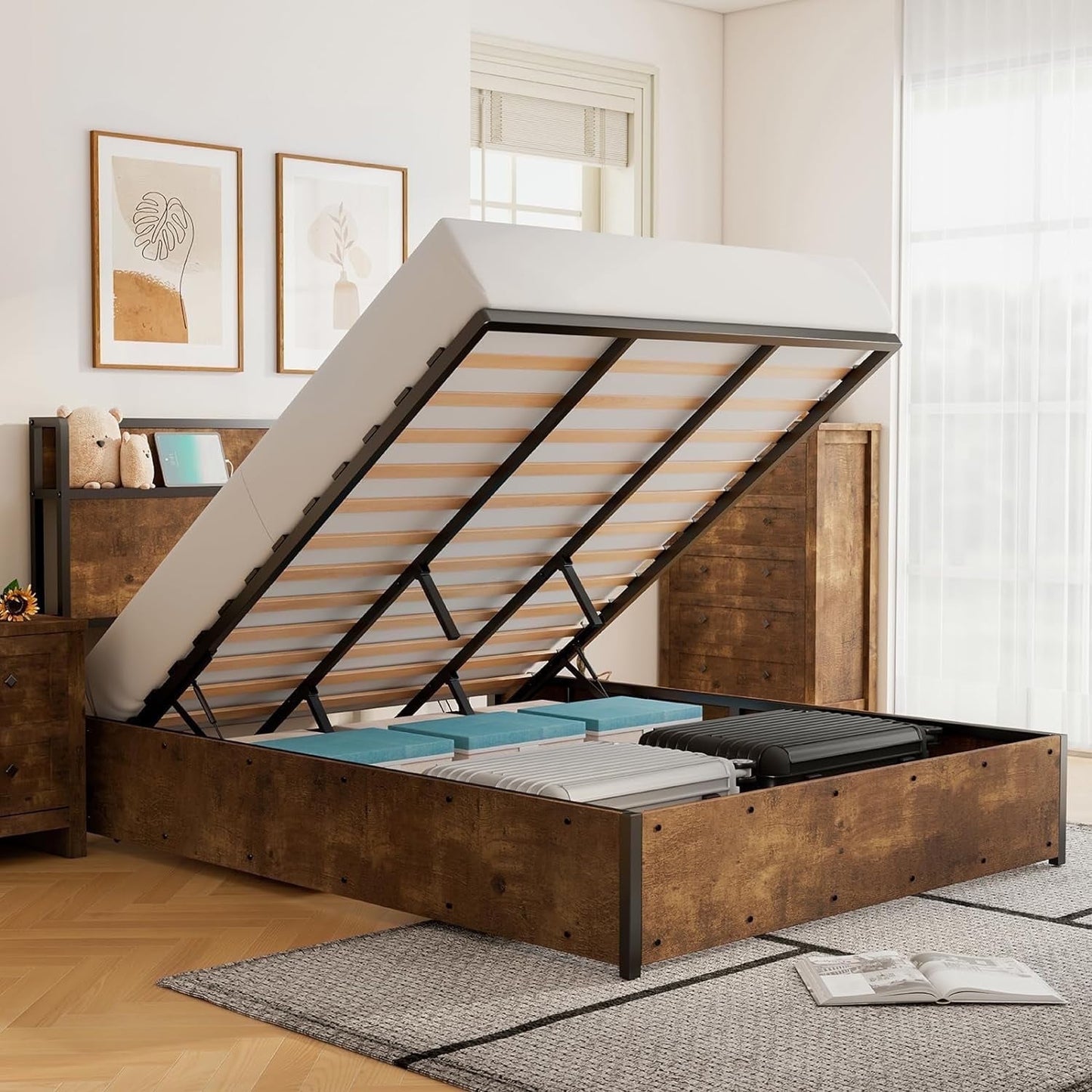 VanAcc Lift Up Storage Bed, Storage Headboard & Charging Station
