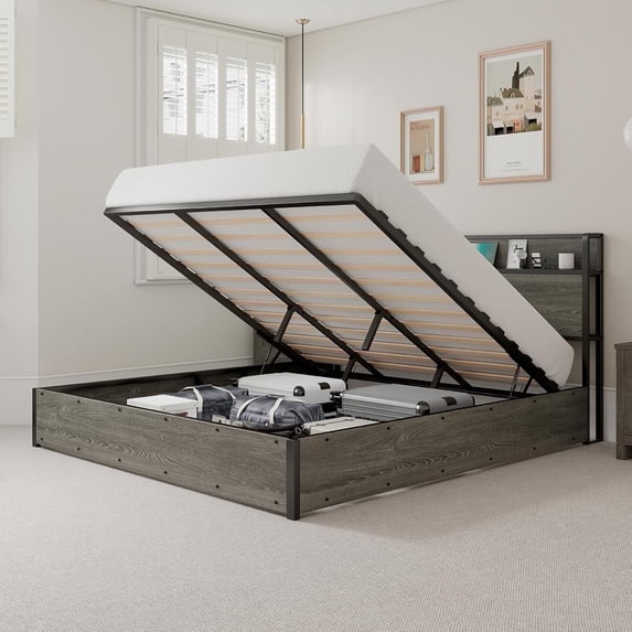 VanAcc Lift up Storage Bed, Storage Headboard & Charging Station
