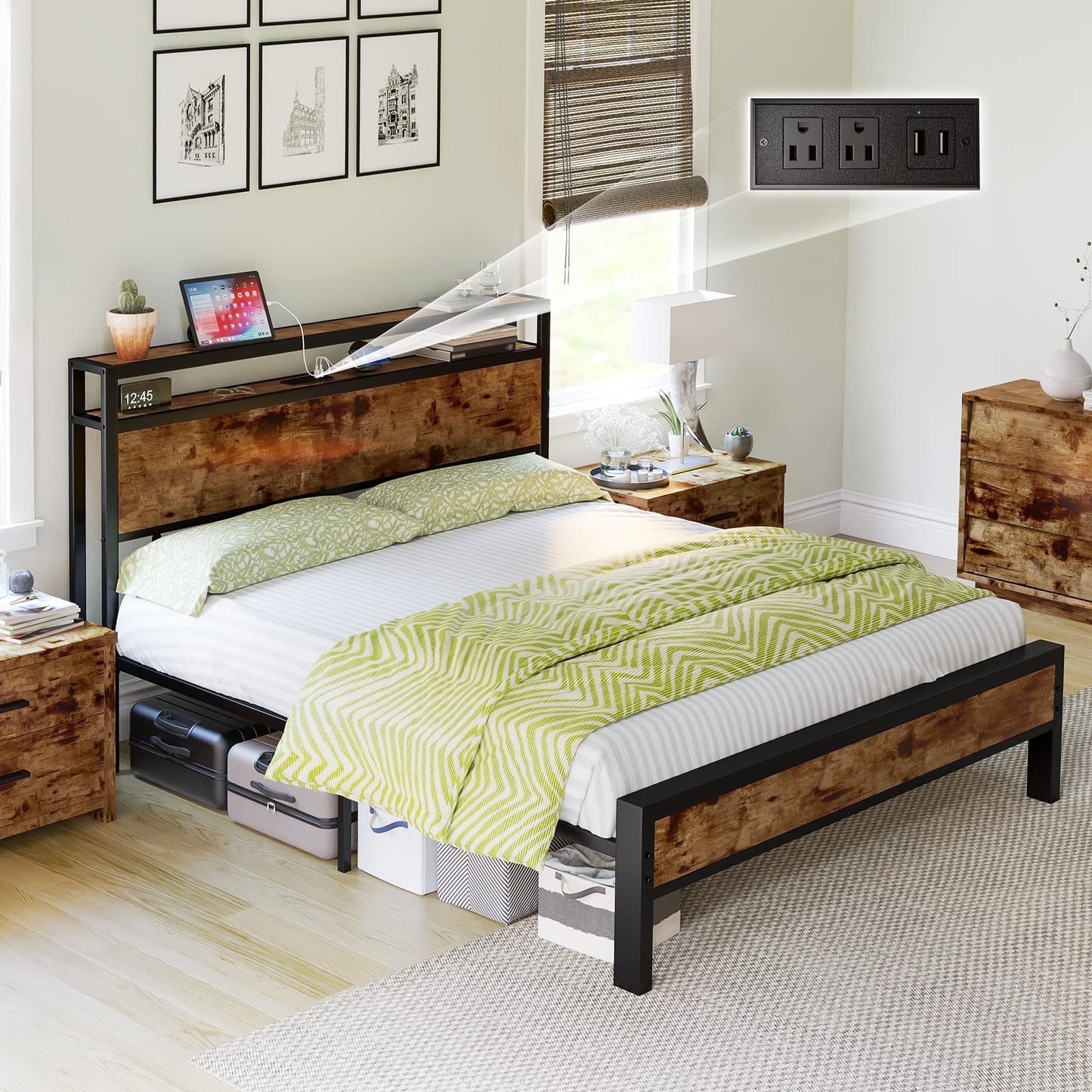 VanAcc Metal Bed Frame with 2-Tier Storage Headboard and Charging Station