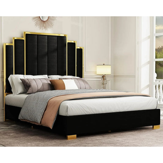 VANACC Platform Bed Frame, 61.4" Velvet Upholstered Bed: with Gold Trim Headboard/Wooden Slats/No Box Spring Needed