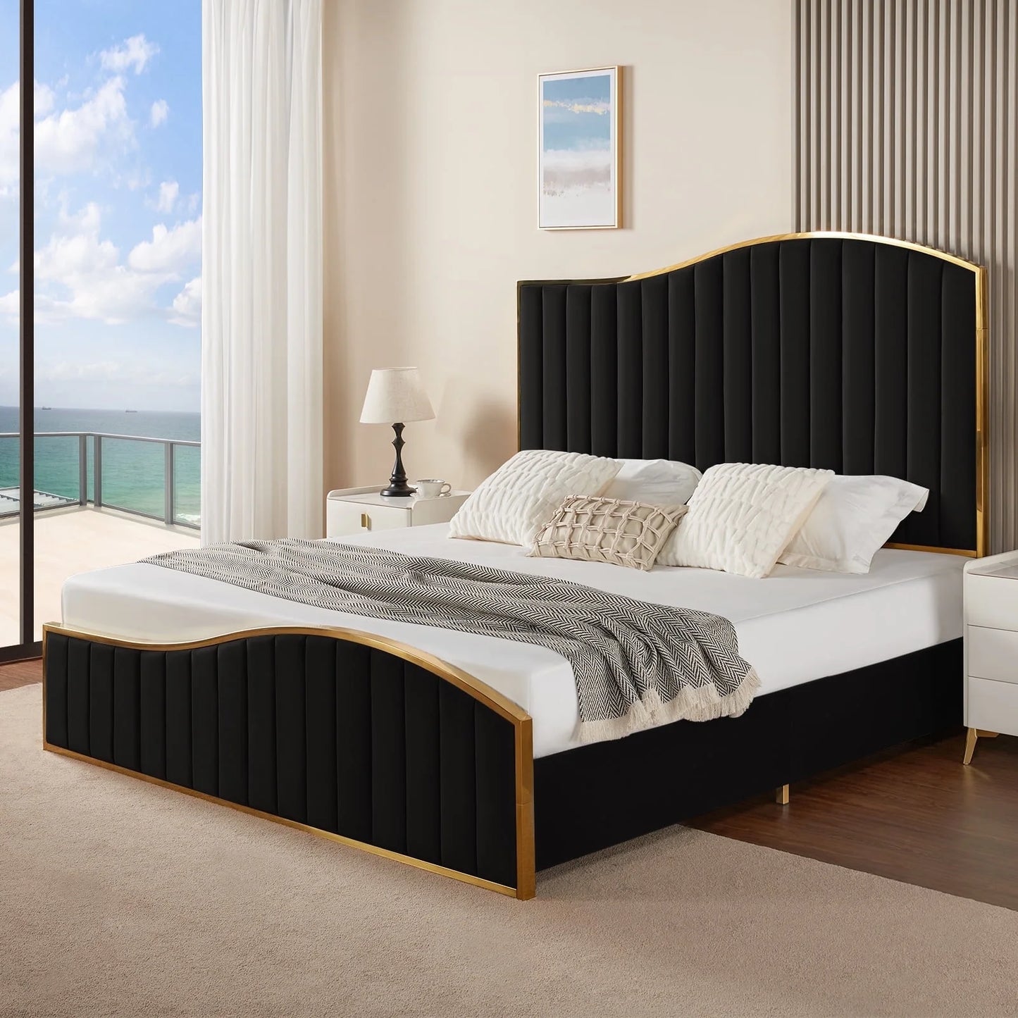 VANACC Platform Bed Frame 61.4" Vertical Channel Gold Trim Headboard & Footboard
