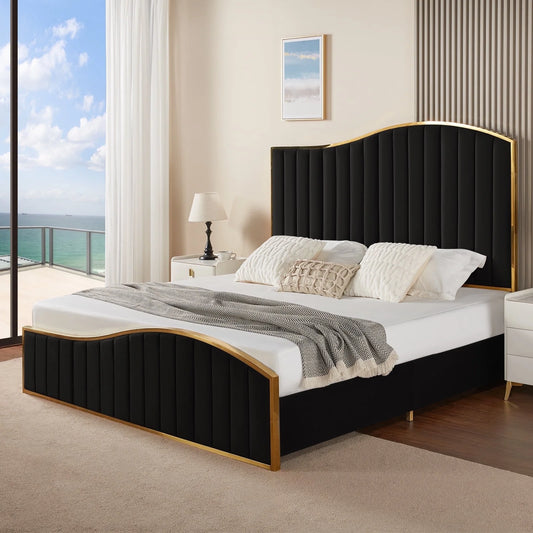 VANACC Platform Bed Frame 61.4" Vertical Channel Gold Trim Headboard & Footboard
