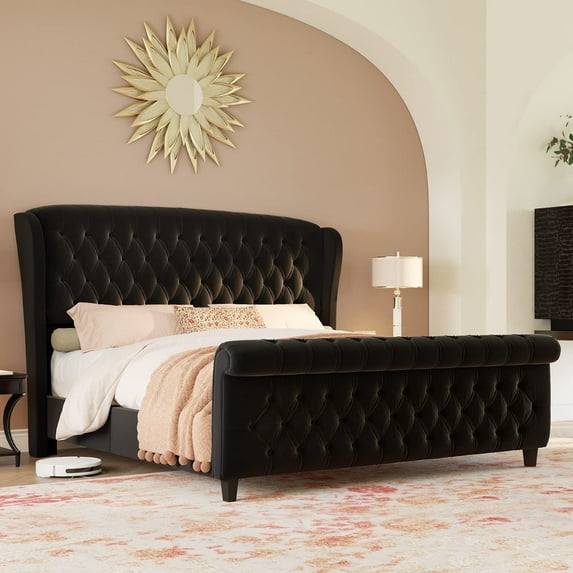 VanAcc Platform Bed Frame, Chenille Upholstered Sleigh Bed Frame