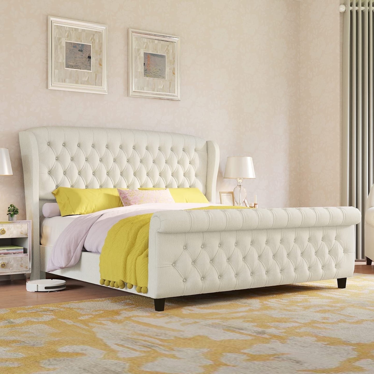 VanAcc Platform Bed Frame, Chenille Upholstered Sleigh Bed Frame