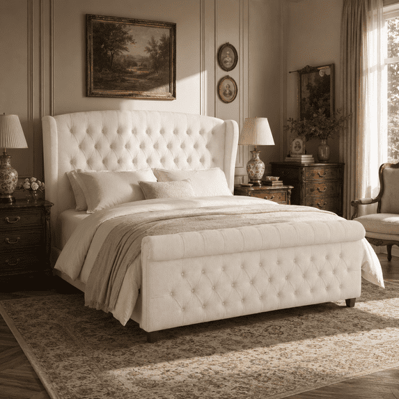 VanAcc Platform Bed Frame, Velvet Upholstered Sleigh Bed with Scroll Wingback Headboard & Footboard/Button Tufted