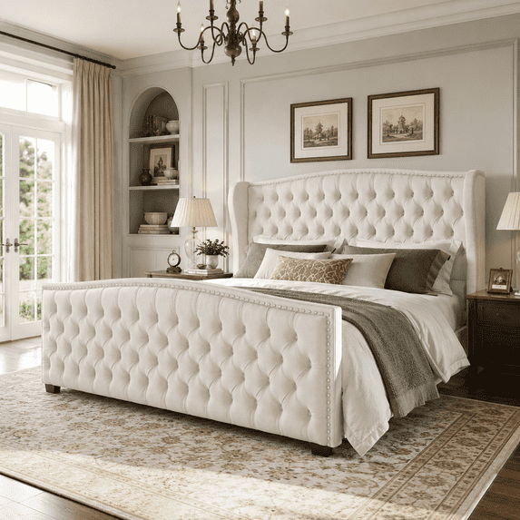 VanAcc Queen Size Platform Bed Frame, Velvet Upholstered Bed with Deep Button Tufted & Nailhead Trim Wingback Headboard/No Box Spring Needed/Cream